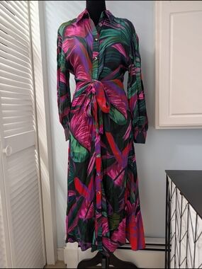NWT Farm Rio Midnight Leaves Beaded Tie-Front Midi Dress XS Viscose